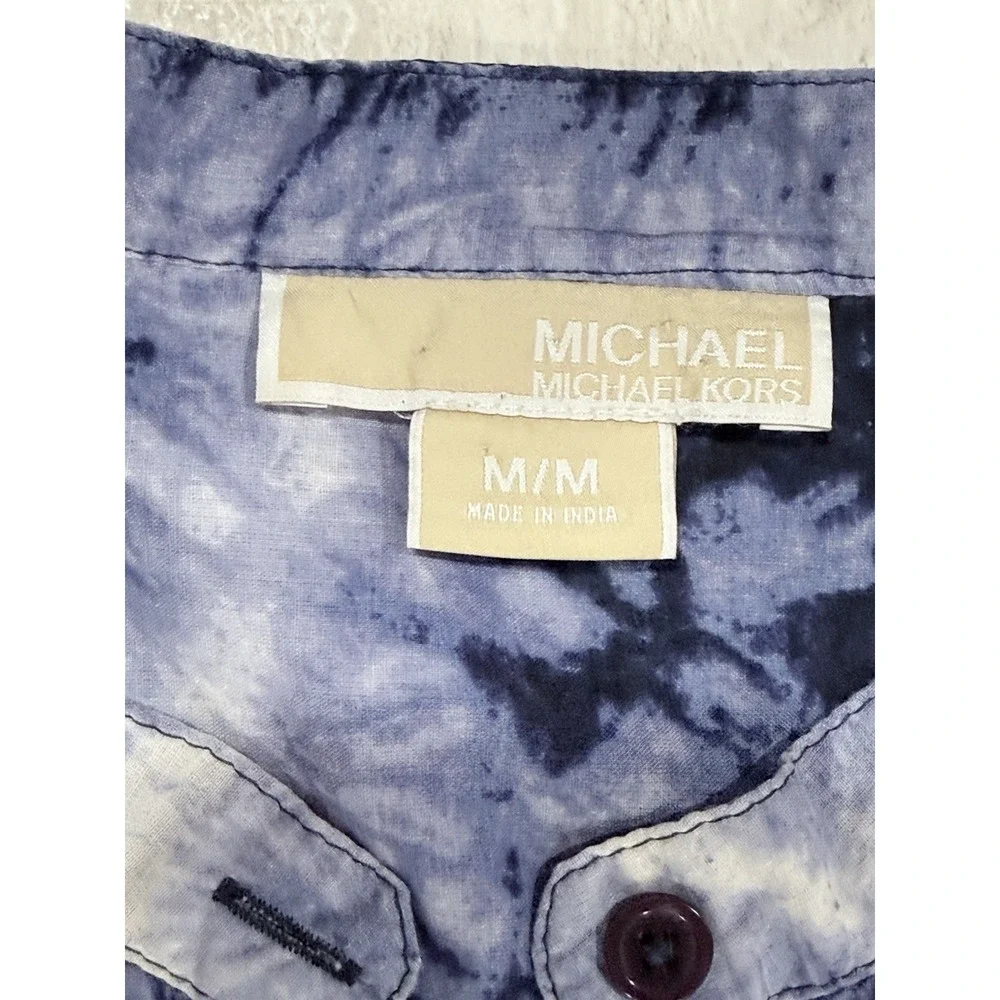 Michael Kors Top‎ M Blue Tie-Dye Beaded Bib Pleated Hippie Boho Peasant Popover